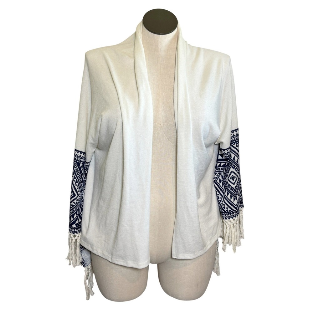 GB Gianni Bini Ivory Navy Aztec Print Fringe Open‎ Front Cardigan Kimono Medium